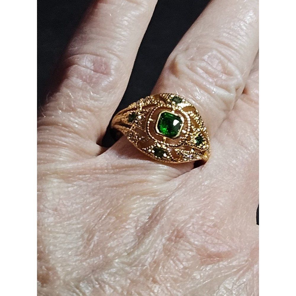 Gold over sterling green rhinestone ring size 6.5